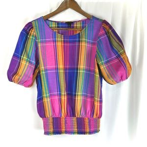 Ann Taylor Plaid Madras Puff Sleeve Blouse Shirt Size Medium